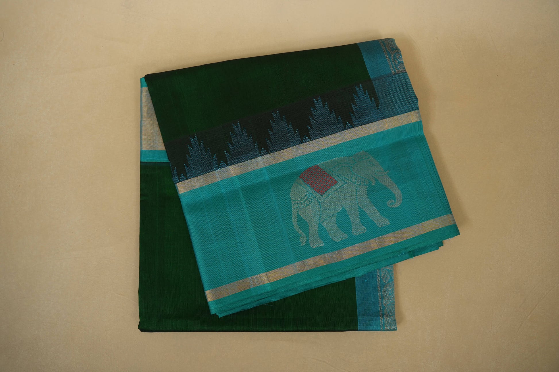 Bottle Green with Rama Blue Borders Silk Cotton Saree