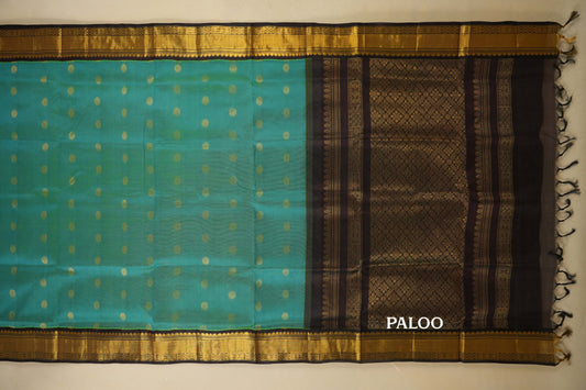 Peacock Green with Deep Brown Borders Silk Cotton Saree paloo
