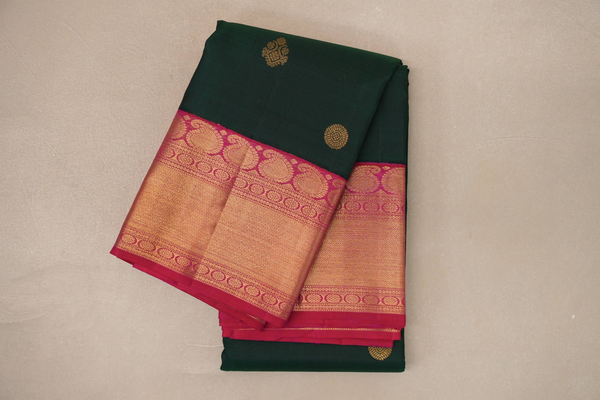Deep Bottle Green with Rani Pink Borders Vintage Kanjivaram Silk Saree 