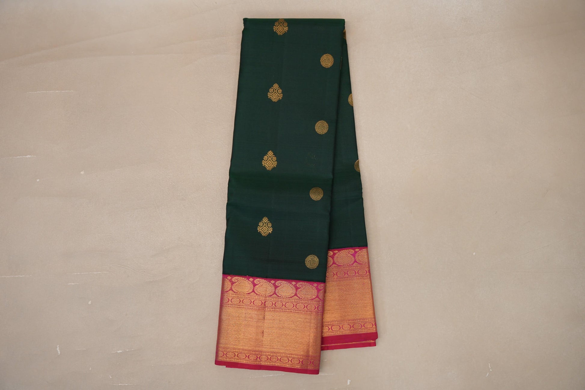 Online Deep Bottle Green with Rani Pink Borders Vintage Kanjivaram Silk Saree
