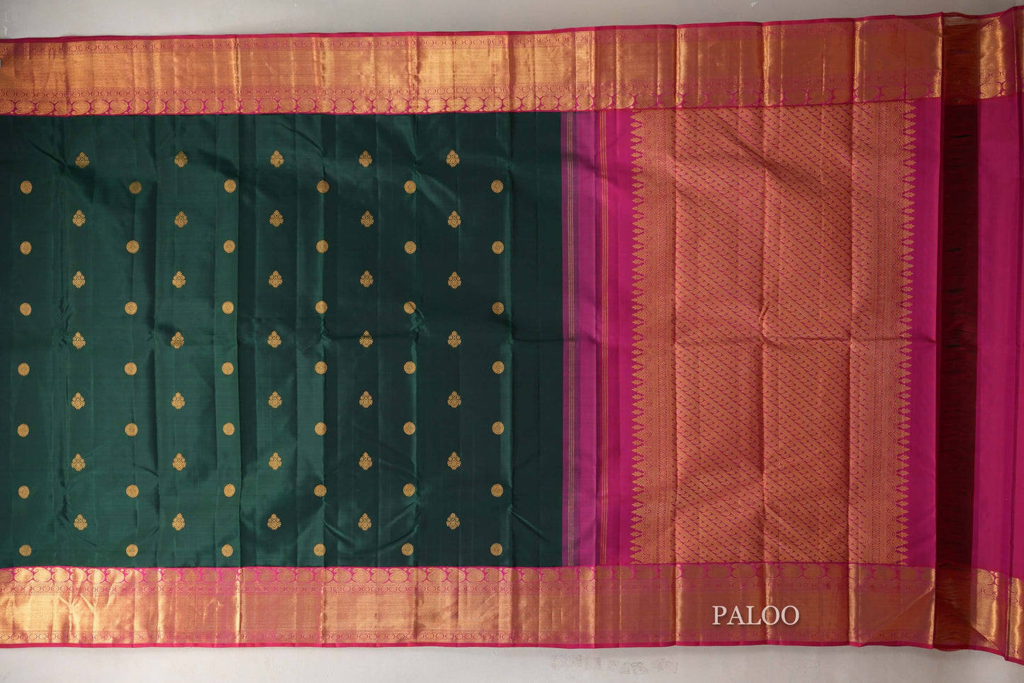 Deep Bottle Green with Rani Pink Borders Vintage Kanjivaram Silk Saree paloo
