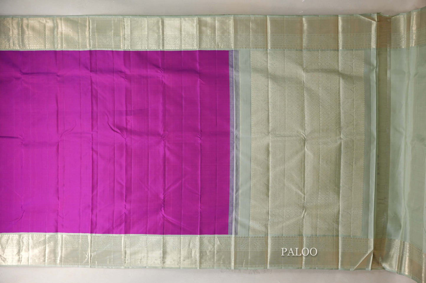 Deep Magenta with Sage Green Borders Vintage Kanjivaram Silk Saree paloo