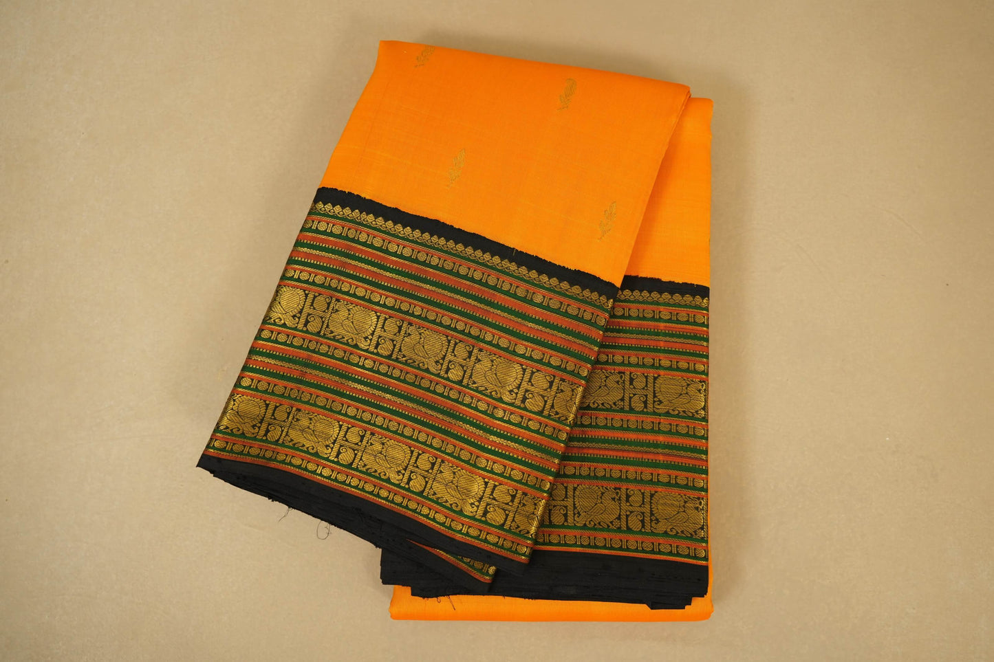 Folded Mango Yellow with Black Borders Vintage Kanjivaram Silk Saree 
