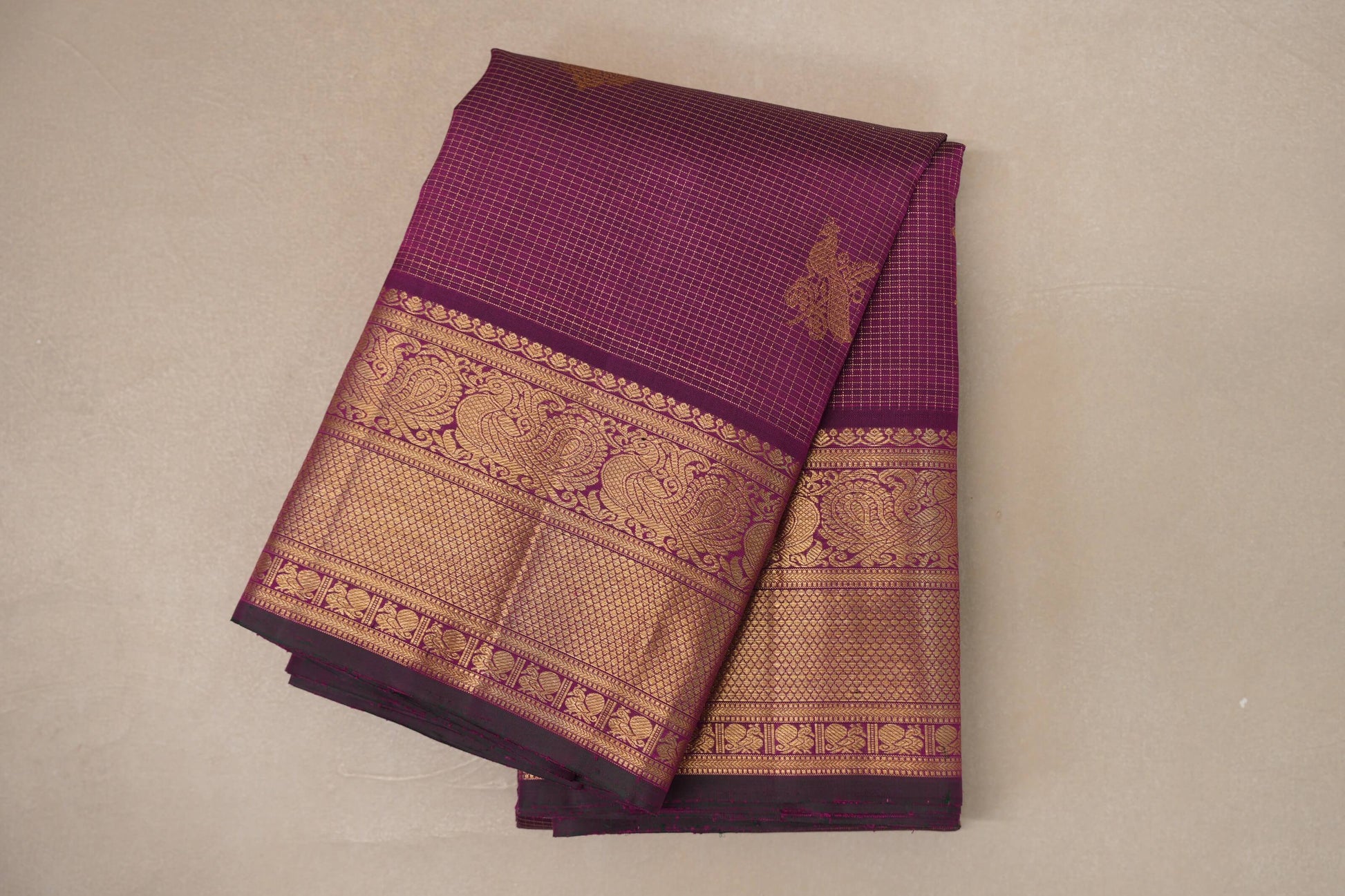 Deep Magenta with Zari Checks Vintage Kanjivaram Silk Saree