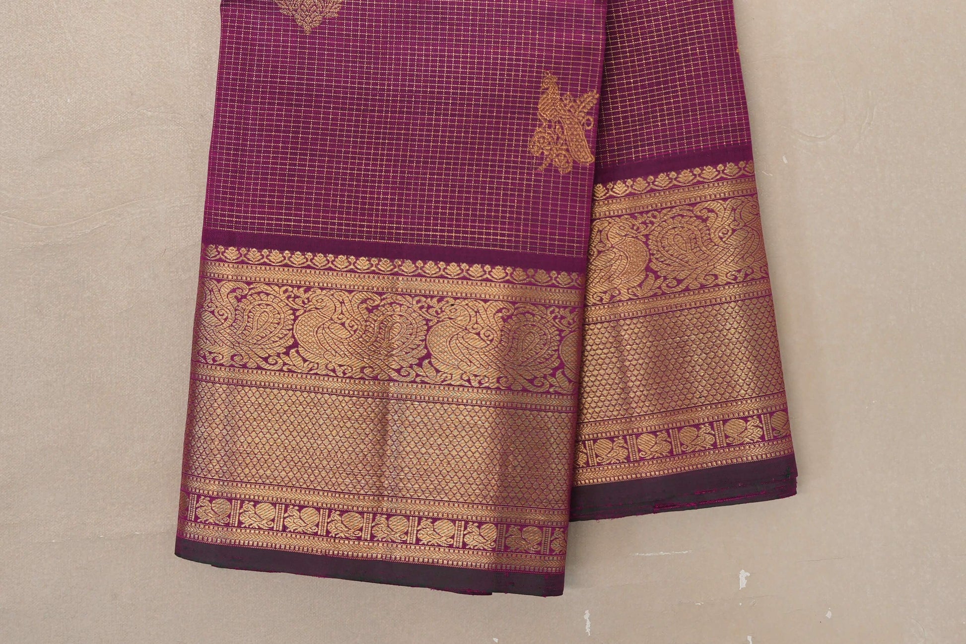 Deep Magenta with Zari Checks Vintage Kanjivaram Silk Saree borders