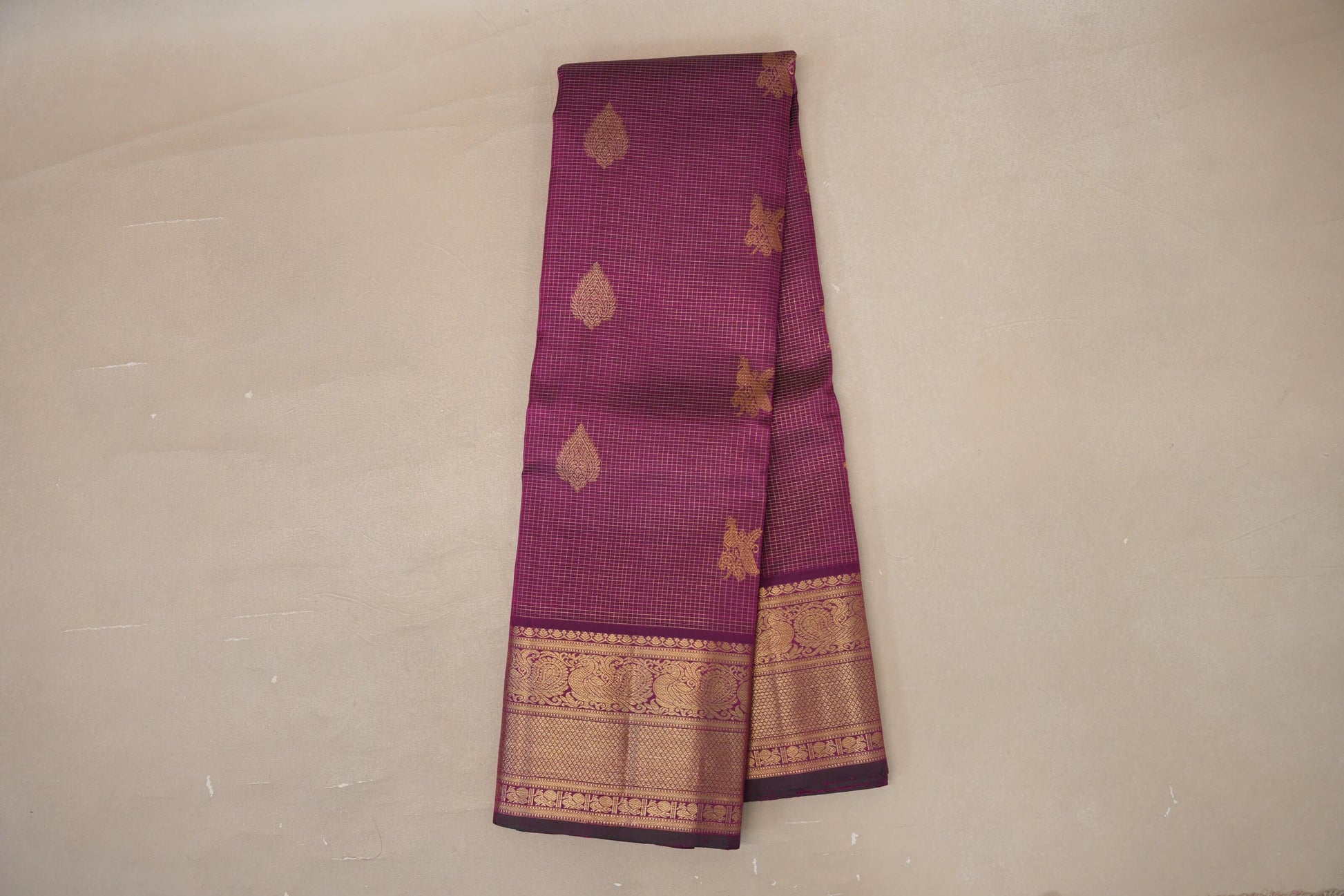 Online Deep Magenta with Zari Checks Vintage Kanjivaram Silk Saree