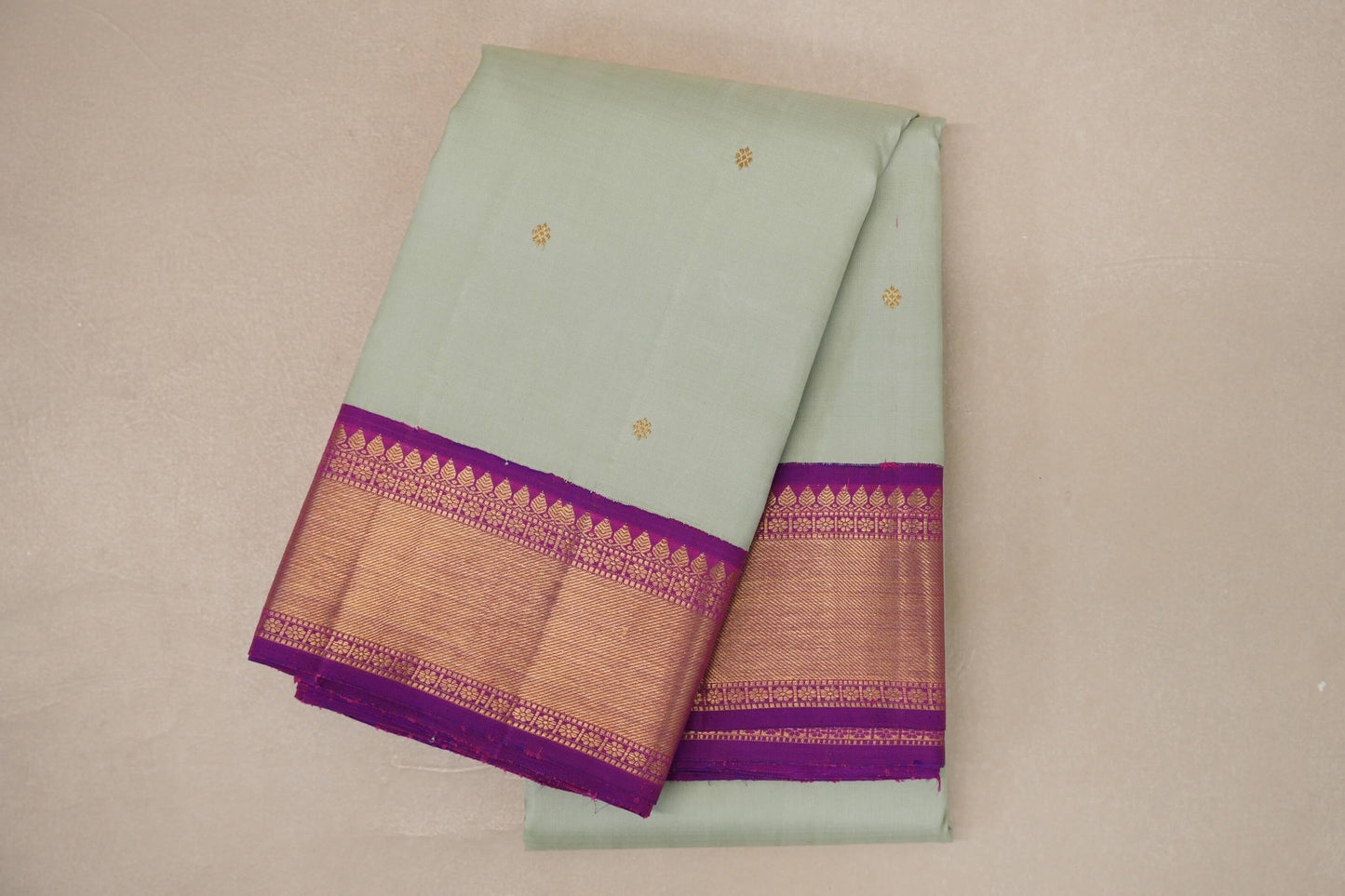 Sage Green with Dual Tone Magenta and Purple Borders Vintage Kanjivaram Silk Saree