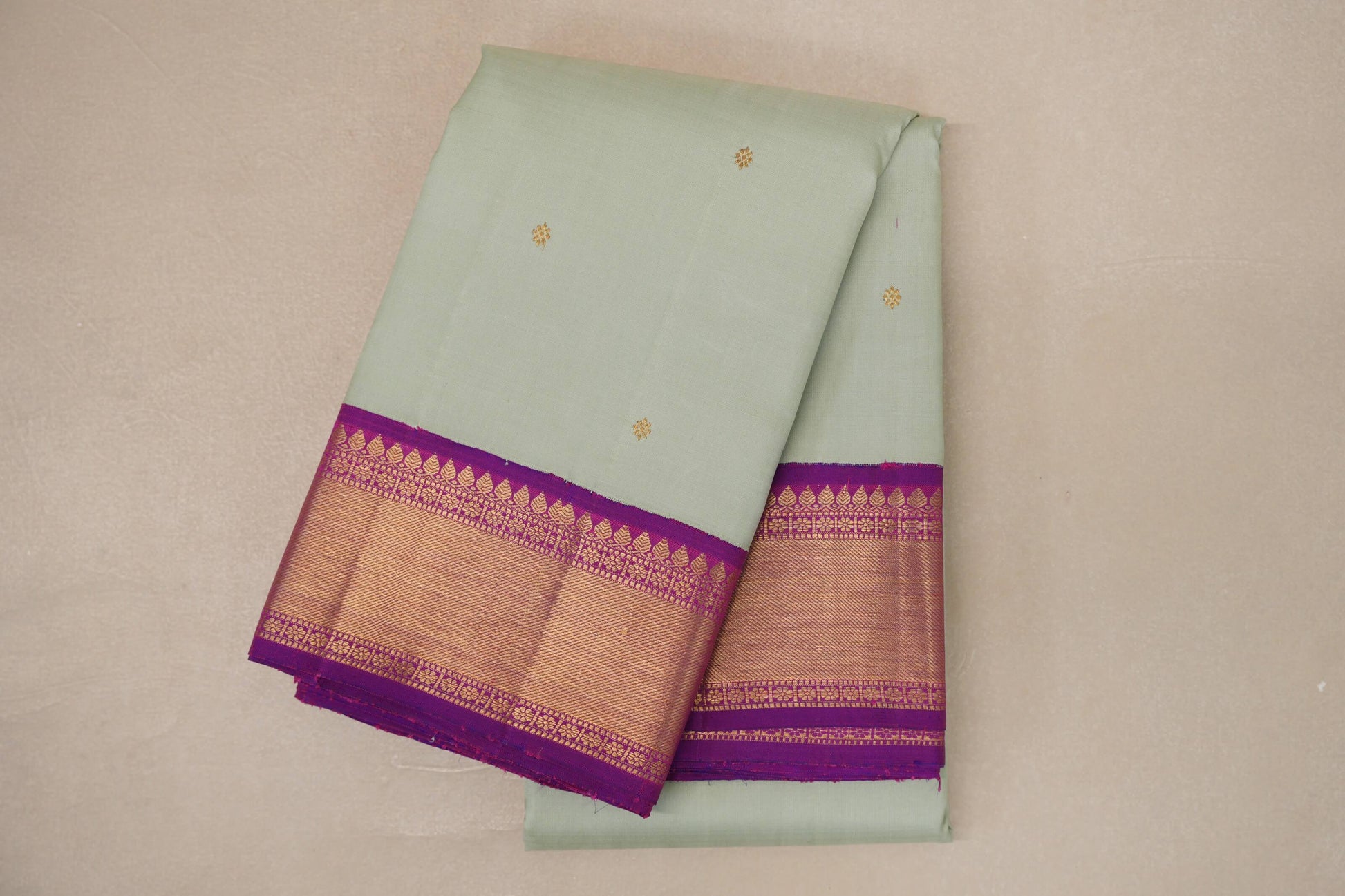 Sage Green with Dual Tone Magenta and Purple Borders Vintage Kanjivaram Silk Saree
