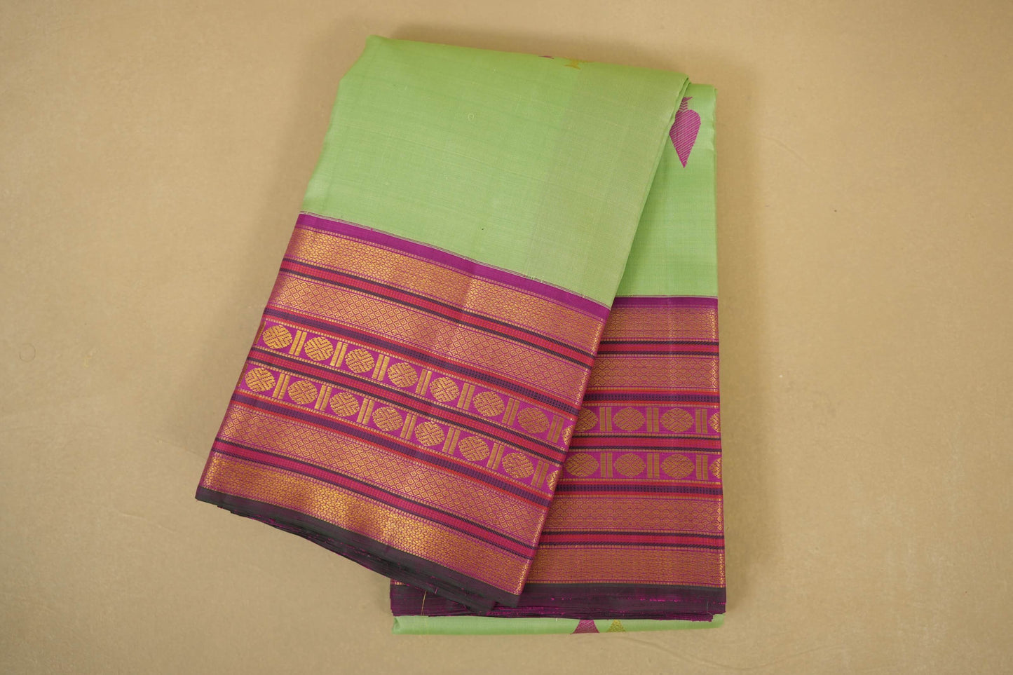 Folded Pista Green with Magenta Borders Vintage Kanjivaram Silk Saree 