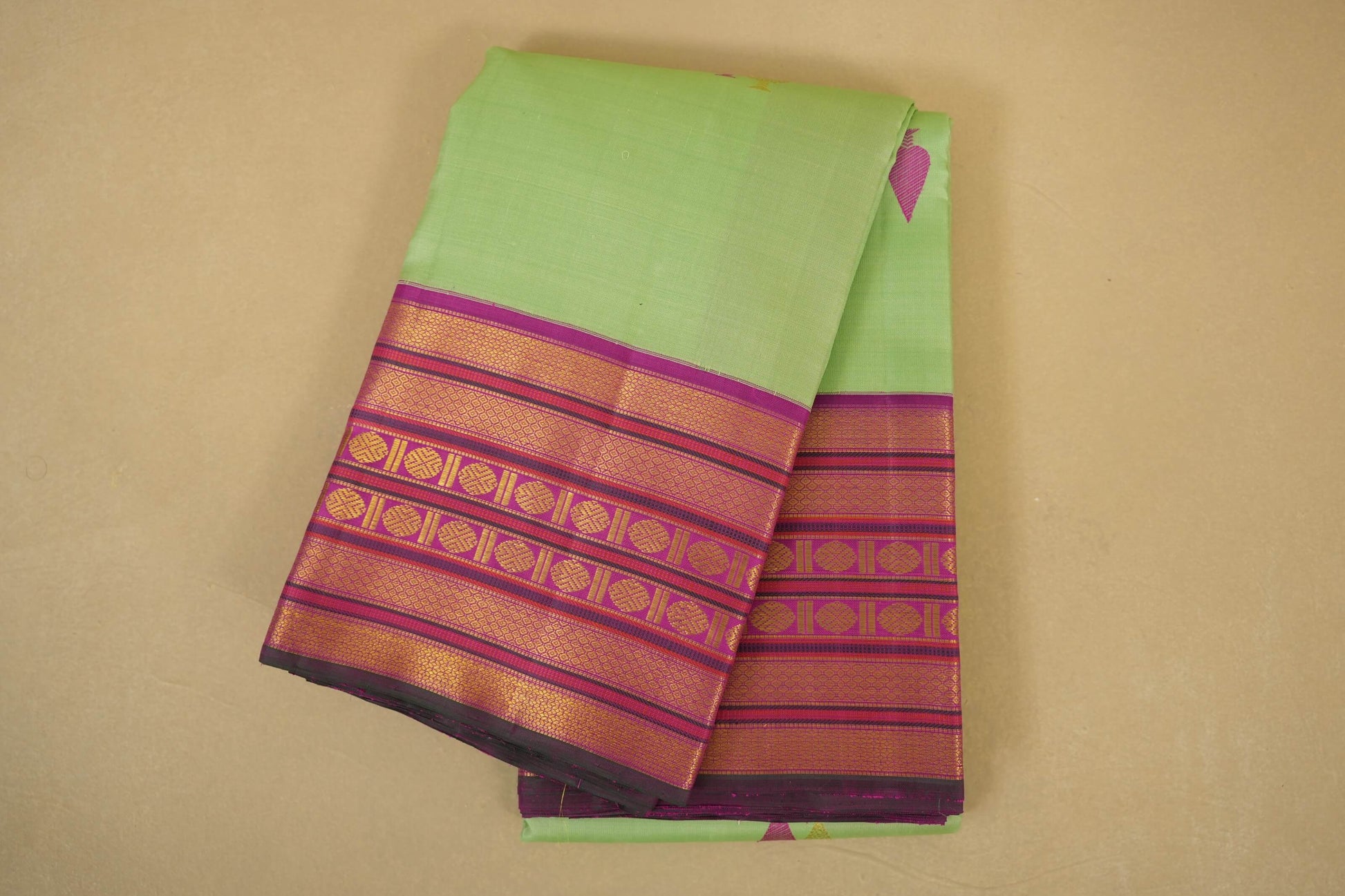Folded Pista Green with Magenta Borders Vintage Kanjivaram Silk Saree 