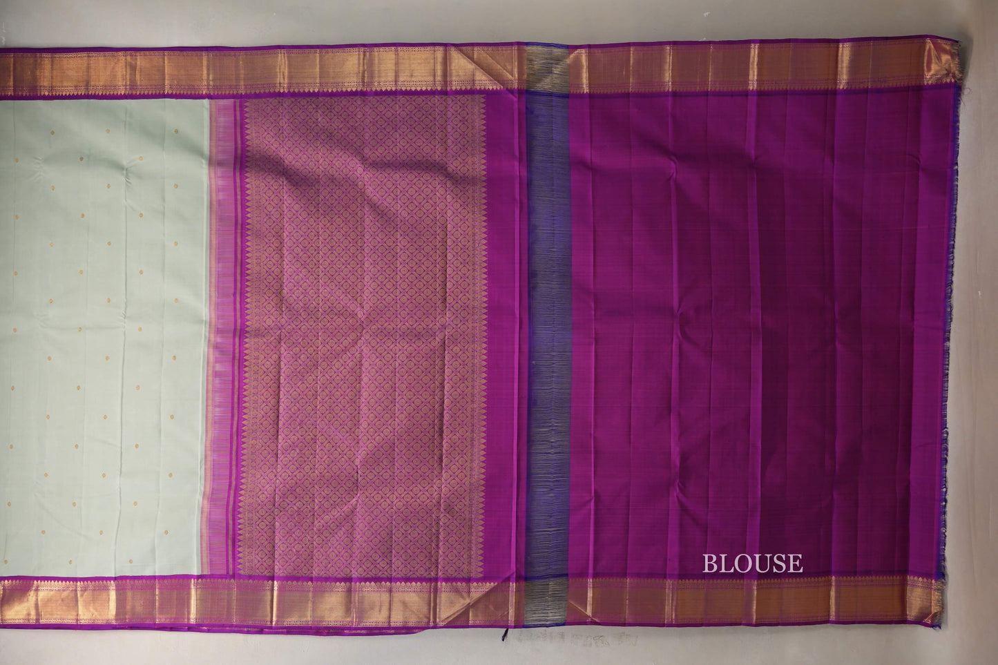 Sage Green with Dual Tone Magenta and Purple Borders Vintage Kanjivaram Silk Saree blouse