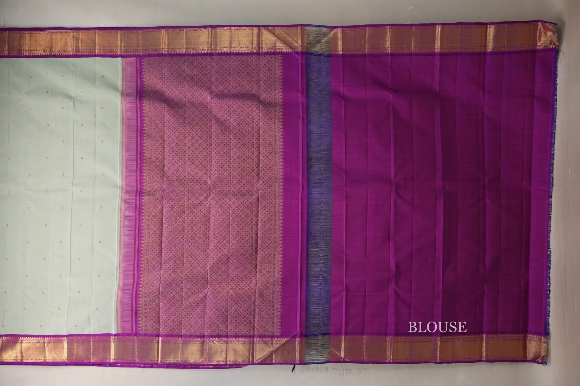 Sage Green with Dual Tone Magenta and Purple Borders Vintage Kanjivaram Silk Saree blouse
