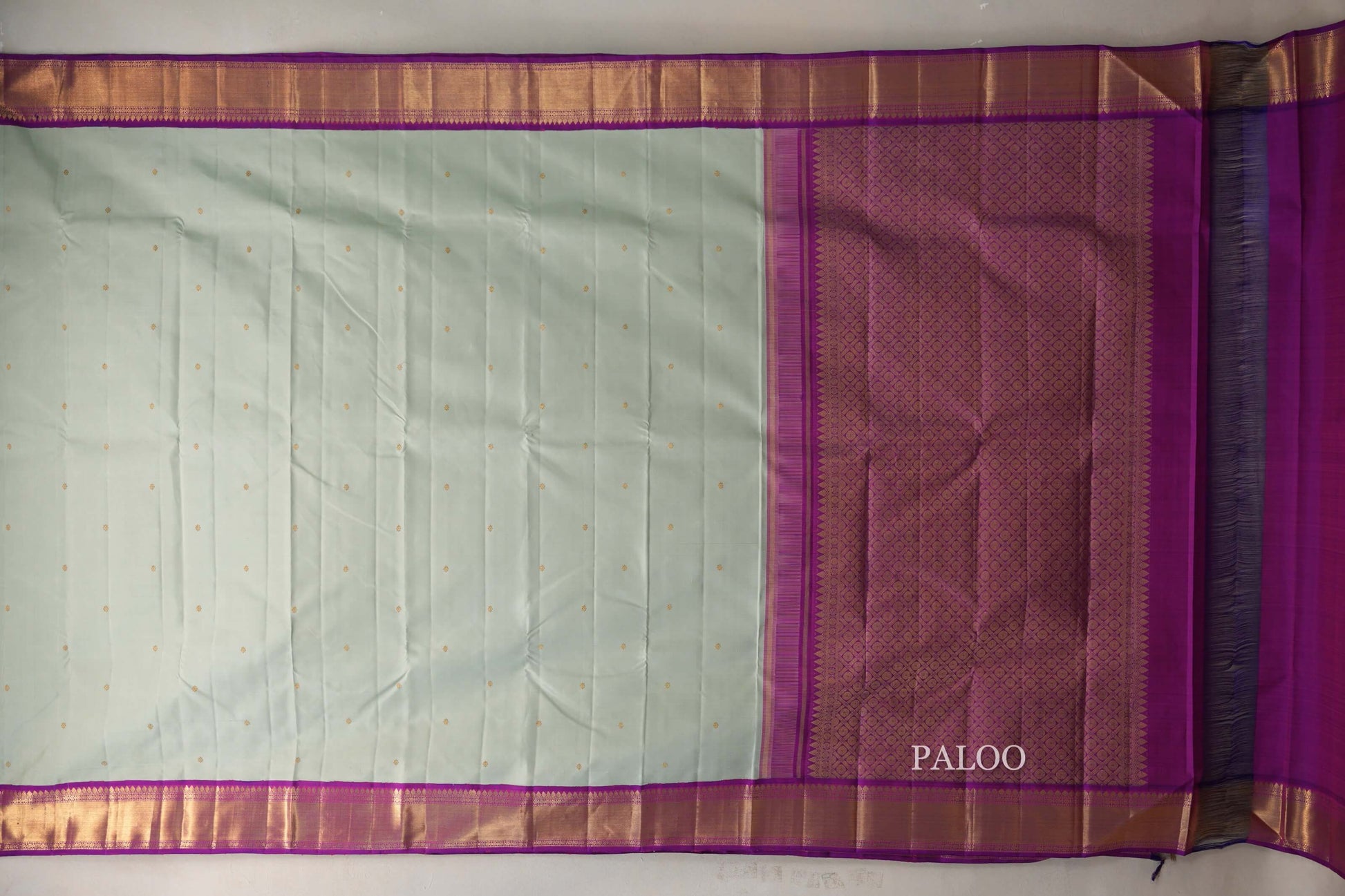 Sage Green with Dual Tone Magenta and Purple Borders Vintage Kanjivaram Silk Saree paloo