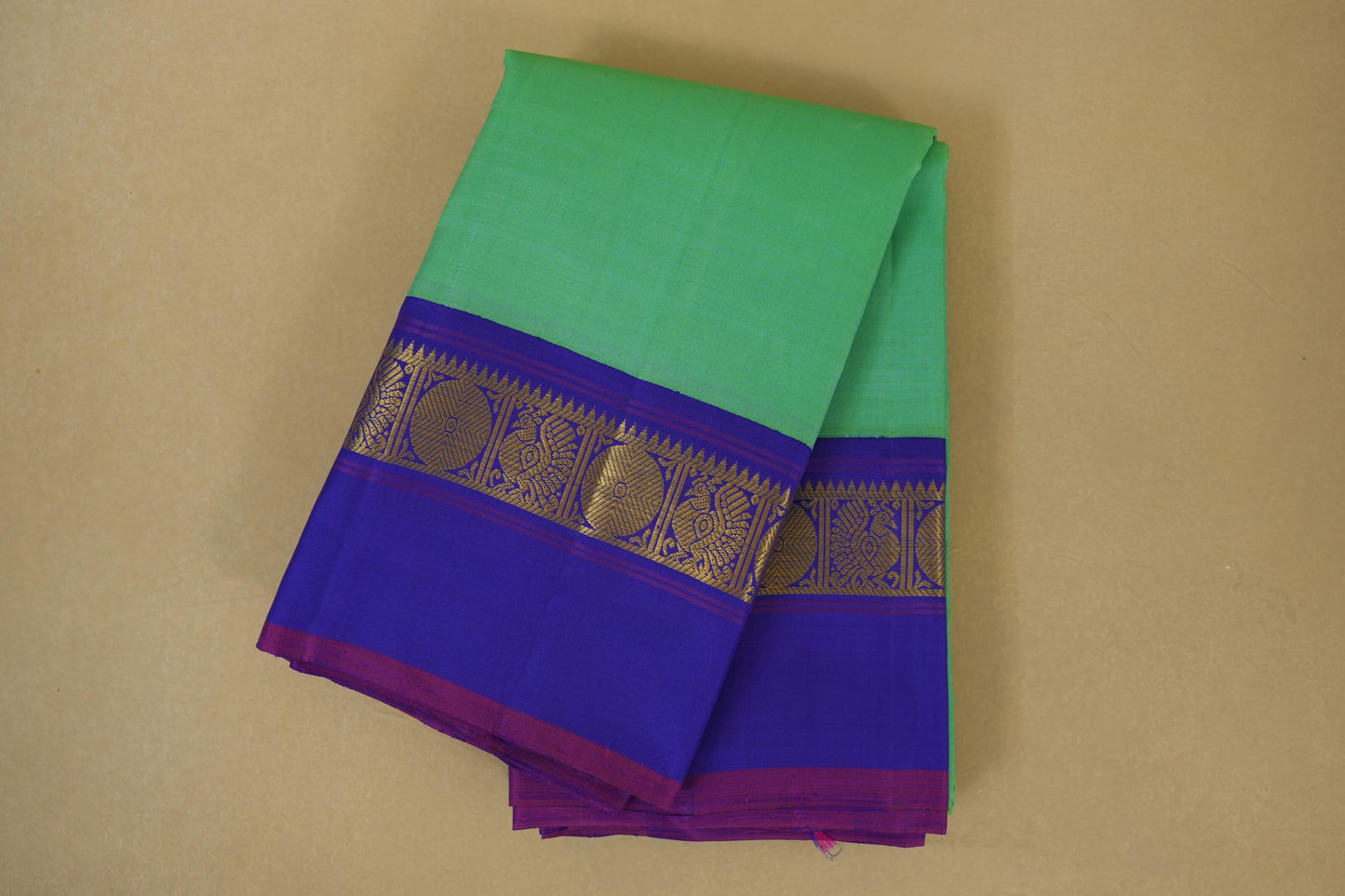 Folded Rexona Green with Violet Borders Vintage Kanjivaram Silk Saree 