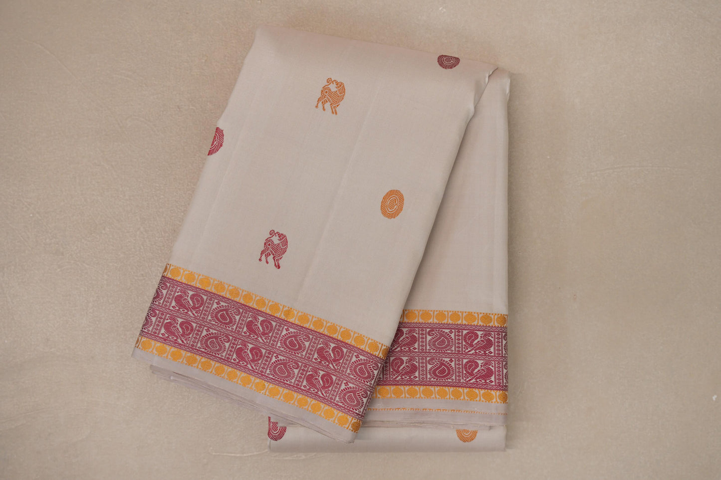 Ivory White with Pink and Mustard Yellow Thread Woven Borders Vintage Kanjivaram Silk Saree