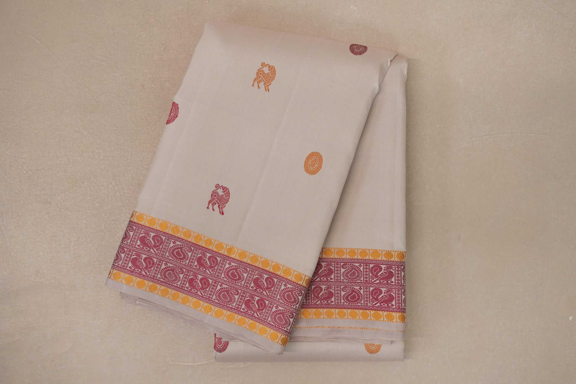 Ivory White with Pink and Mustard Yellow Thread Woven Borders Vintage Kanjivaram Silk Saree
