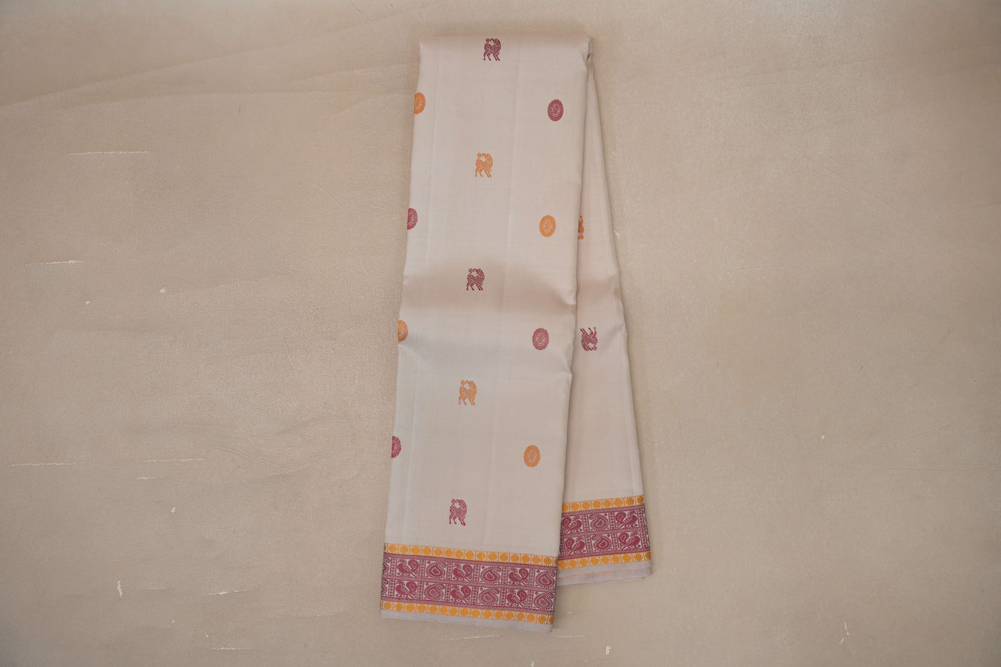 Online Ivory White with Pink and Mustard Yellow Borders Vintage Kanjivaram Silk Saree