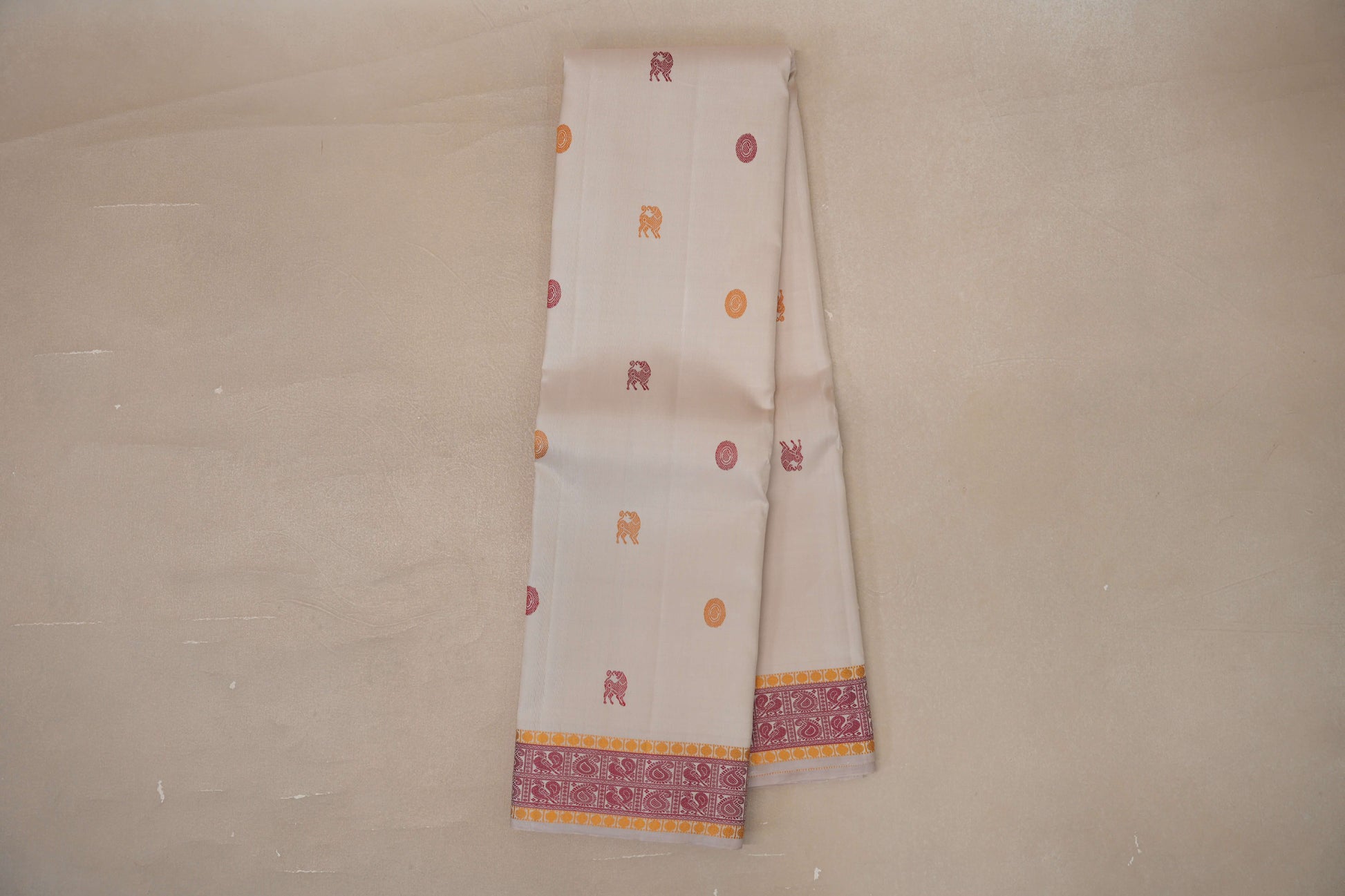 Online Ivory White with Pink and Mustard Yellow Borders Vintage Kanjivaram Silk Saree