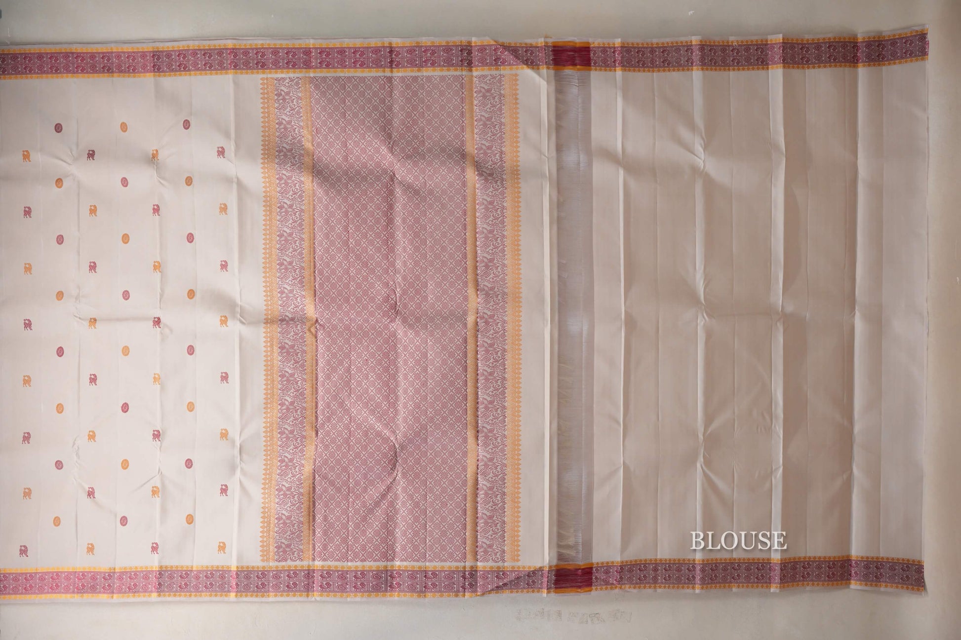 Ivory White with Pink and Mustard Yellow Thread Woven Borders Vintage Kanjivaram Silk Saree blouse