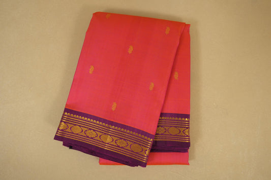 Folded Pinkish Orange with Magenta Borders Vintage Kanjivaram Silk Saree