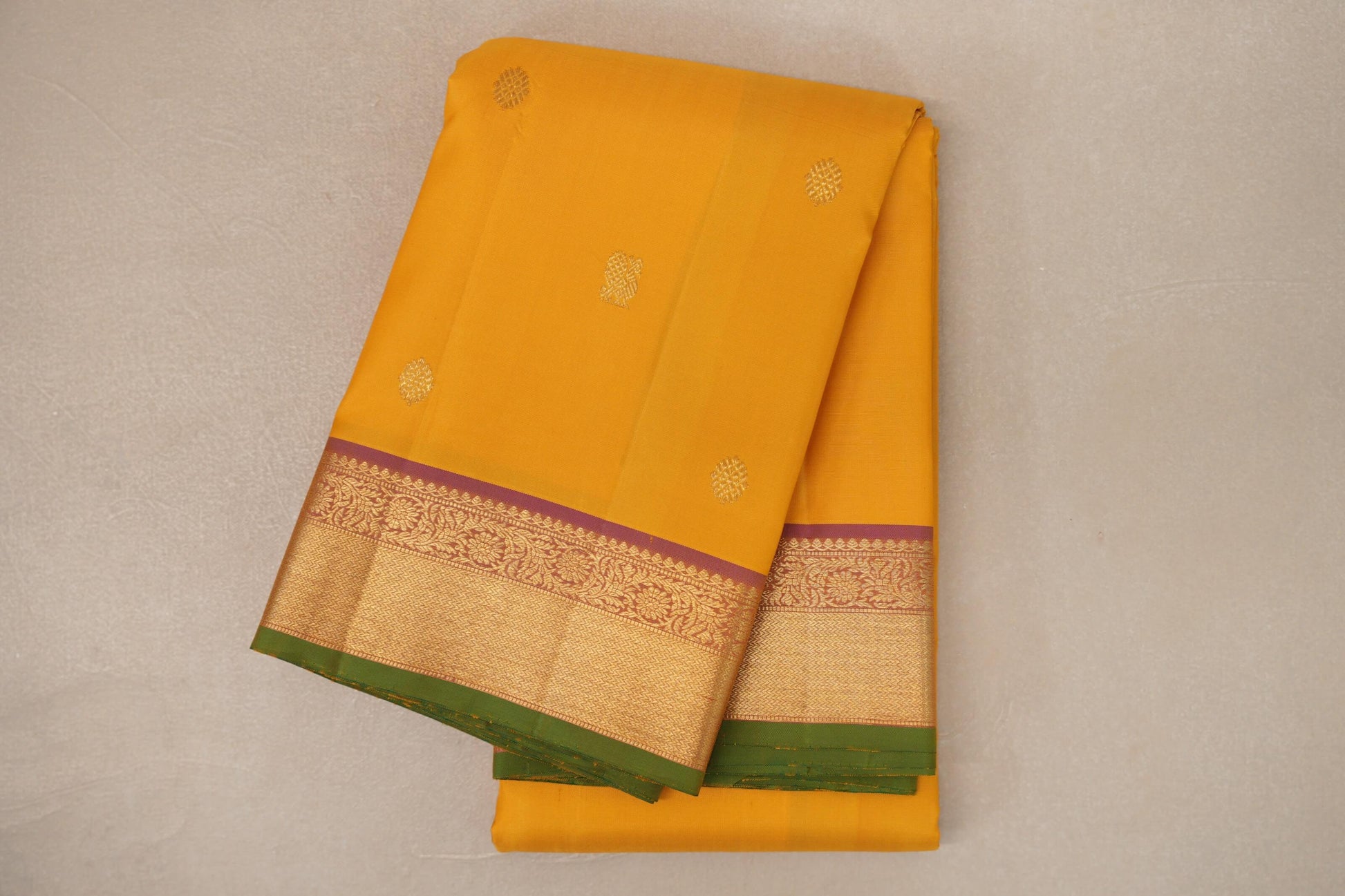 Mango Yellow with Dusty Pink Borders with Leaf Green Selvedge Vintage Kanjivaram Silk Saree