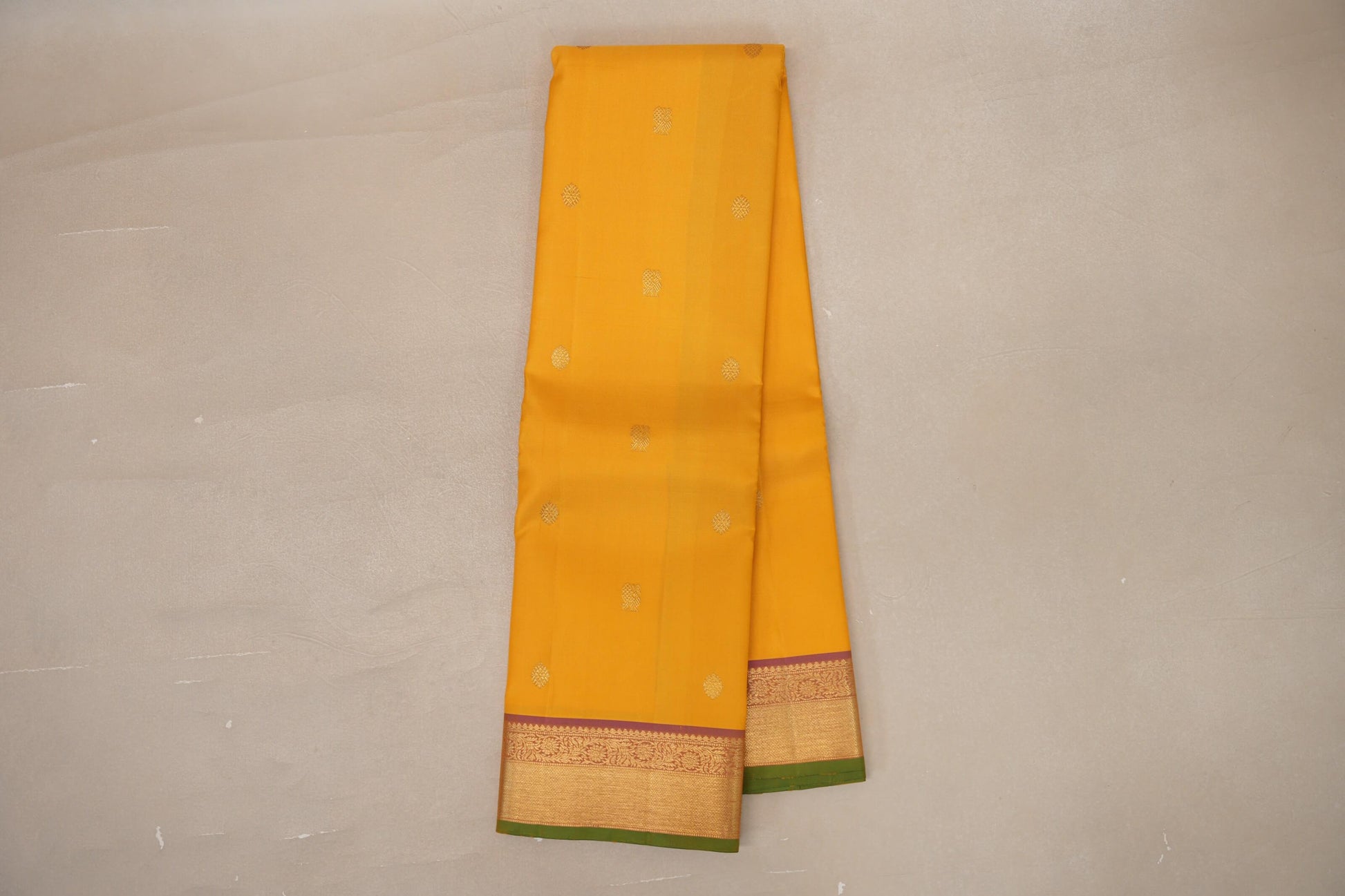 Online Mango Yellow with Dusty Pink Borders with Leaf Green Selvedge Vintage Kanjivaram Silk Saree