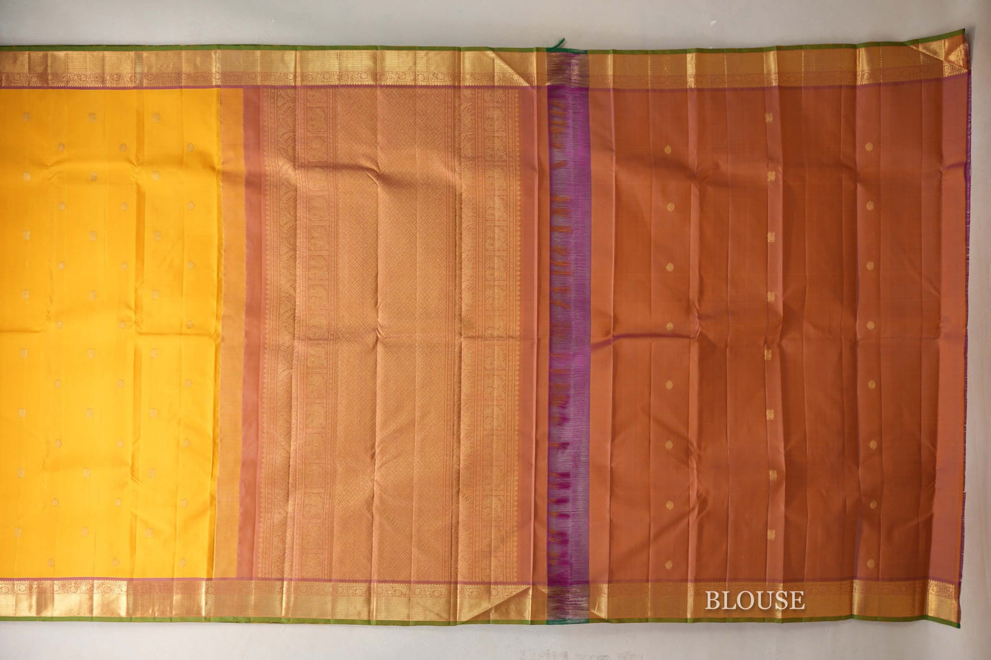 Mango Yellow with Dusty Pink Borders with Leaf Green Selvedge Vintage Kanjivaram Silk Saree blouse