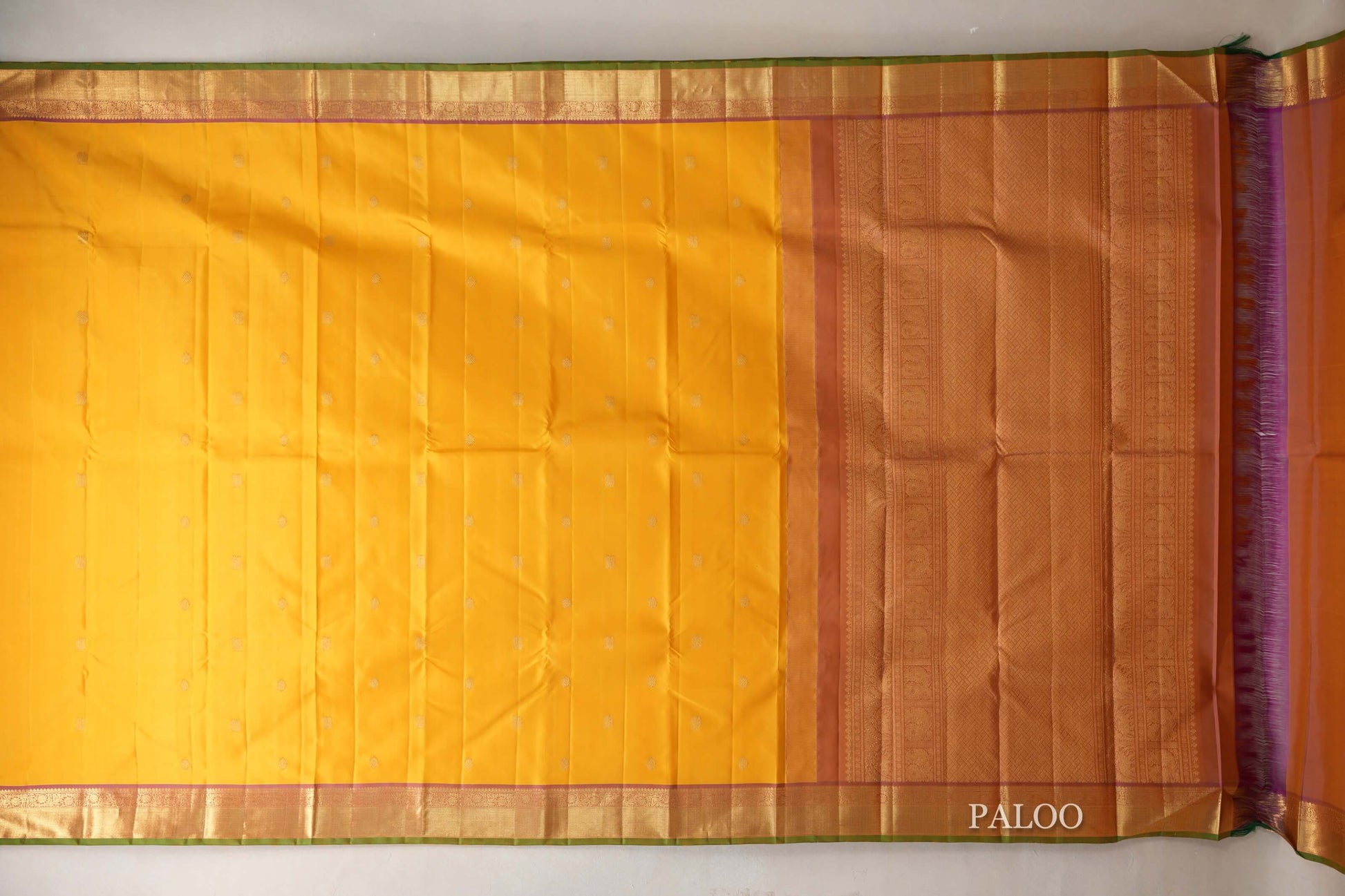 Mango Yellow with Dusty Pink Borders with Leaf Green Selvedge Vintage Kanjivaram Silk Saree paloo