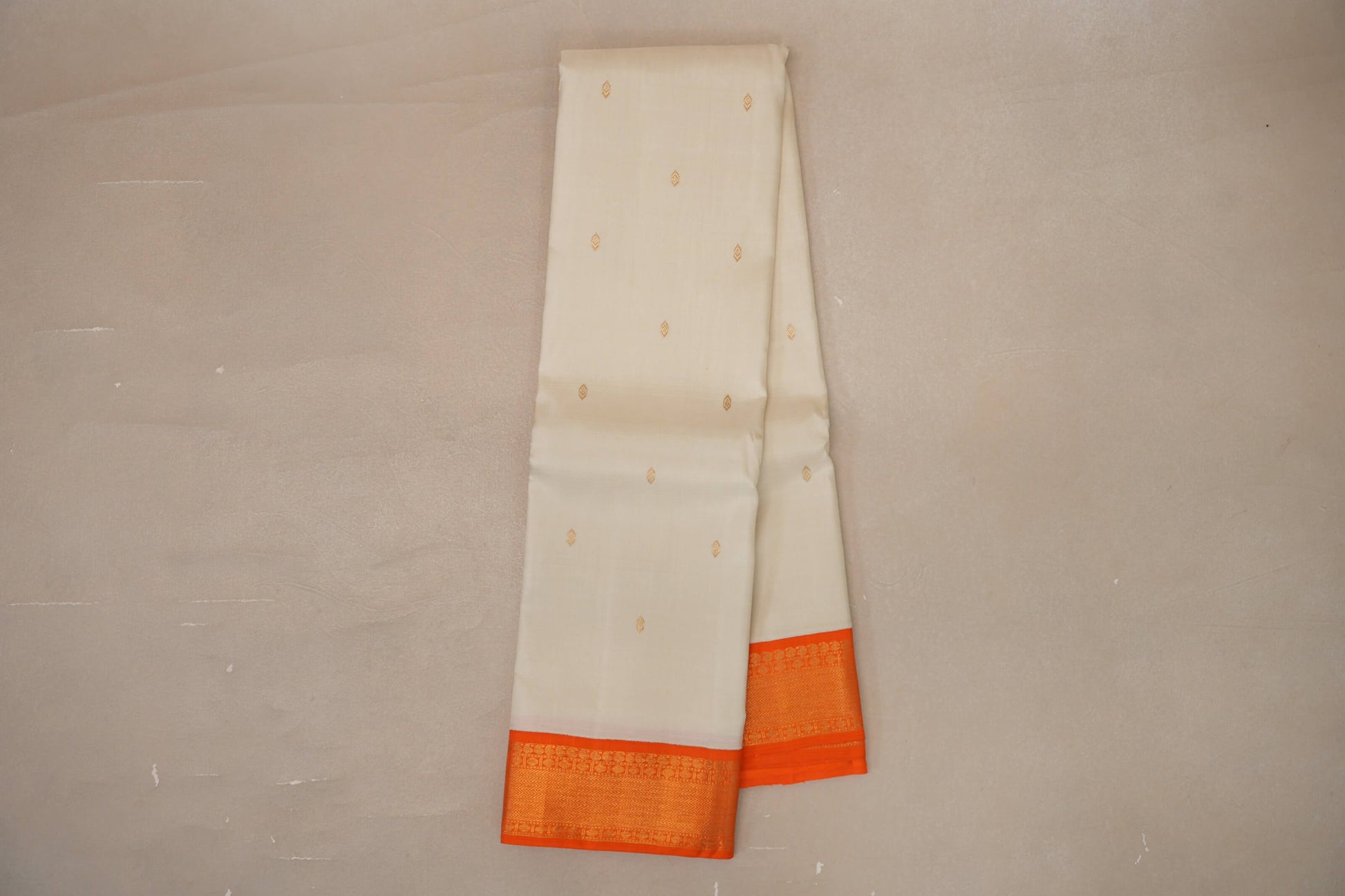 Online Cream with Bright Orange Borders Vintage Kanjivaram Silk Saree