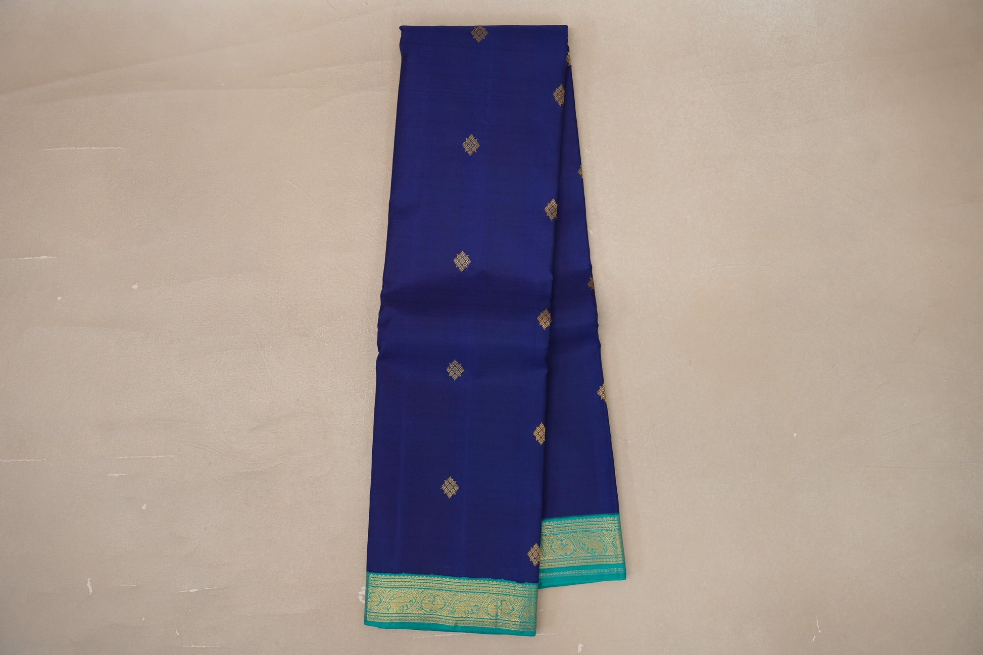 Online Deep Blue with Rama Green Borders Vintage Kanjivaram Silk Saree