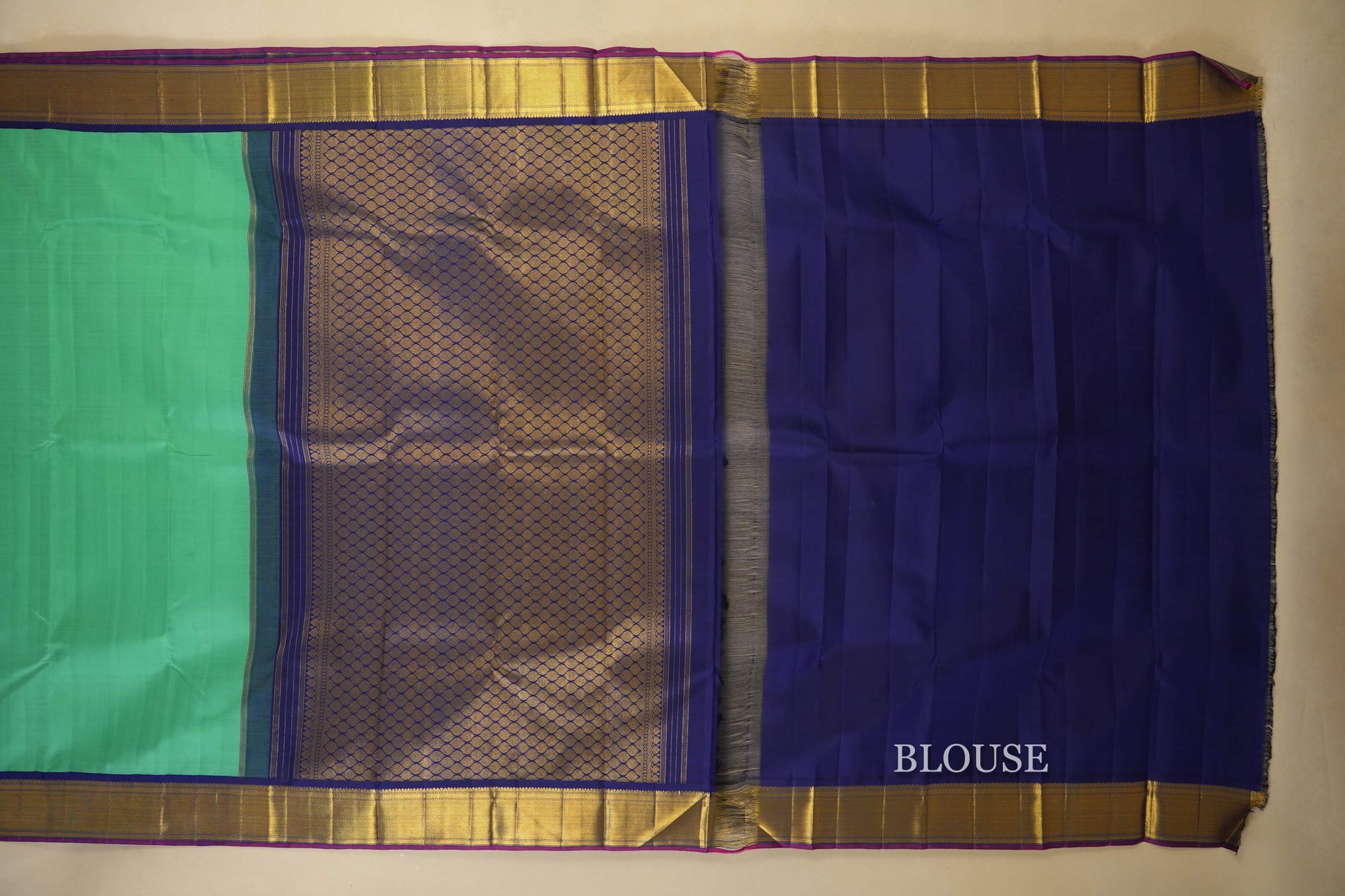 Rexona Green with Blue Borders Vintage Kanjivaram Silk Saree Blouse