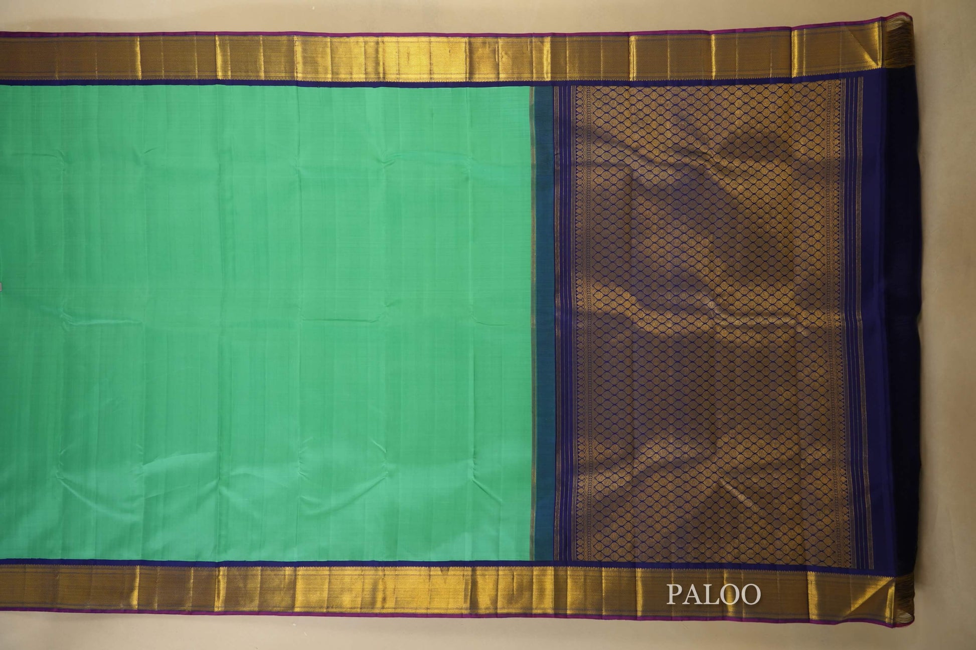 Rexona Green with Blue Borders Vintage Kanjivaram Silk Saree paloo