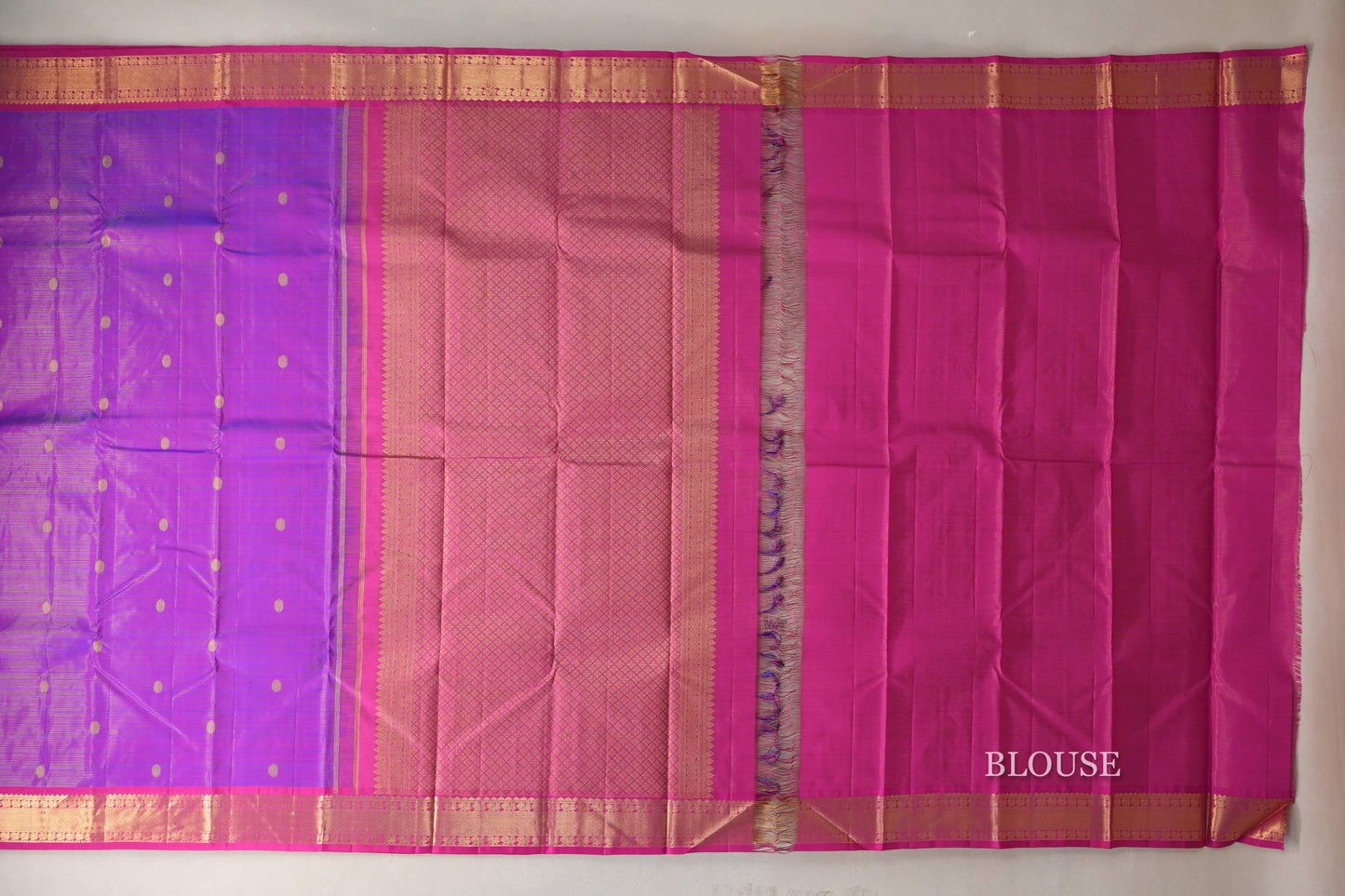 Dual Tone of Pink and Blue with Rani Pink Borders Vintage Kanjivaram Silk Saree blouse