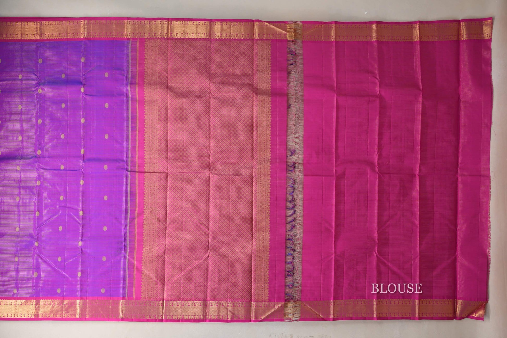 Dual Tone of Pink and Blue with Rani Pink Borders Vintage Kanjivaram Silk Saree blouse