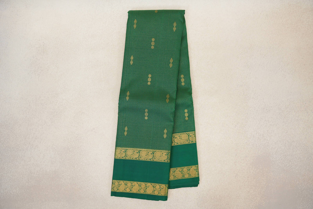 Online Forest Green Zari Checks with Rettai Pettu Borders Vintage Kanjivaram Silk Saree
