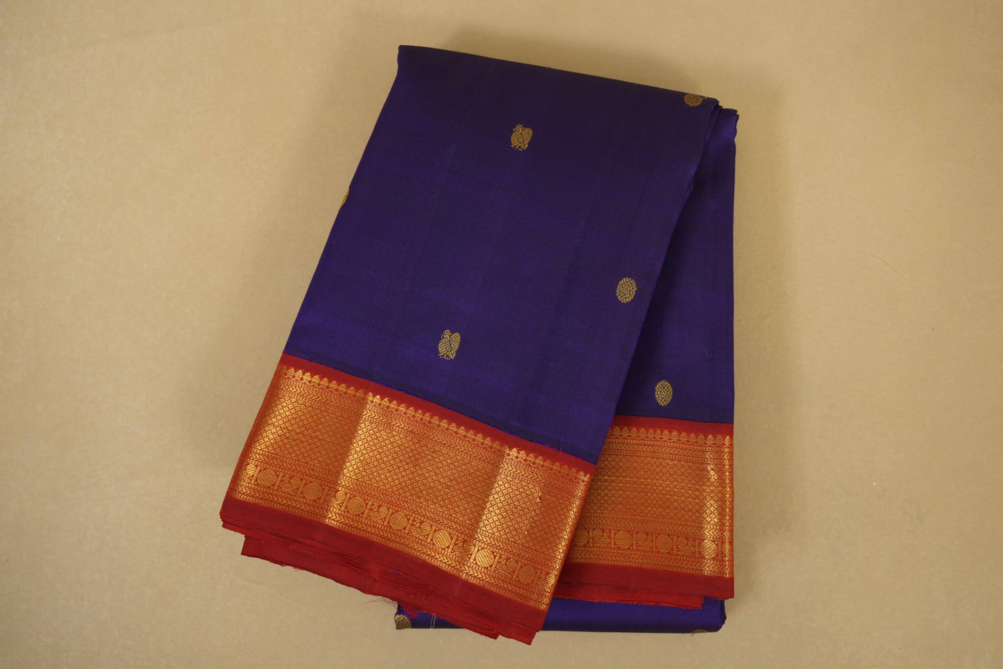Folded Ink Blue with Maroon Borders Vintage Kanjivaram Silk Saree