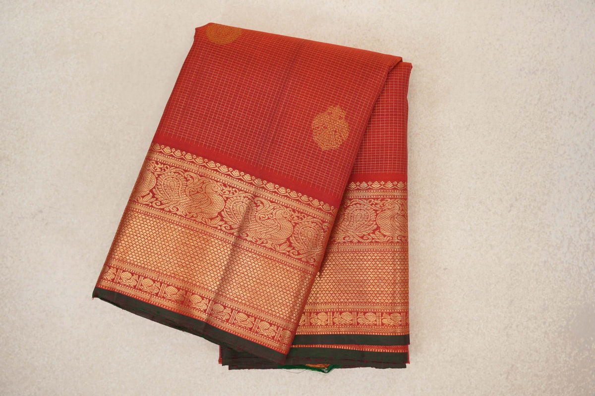 Bright Red Zari Checks Vintage Kanjivaram Silk Saree