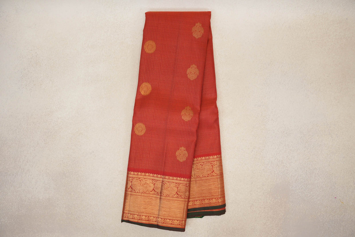 Online Bright Red Zari Checks Vintage Kanjivaram Silk Saree