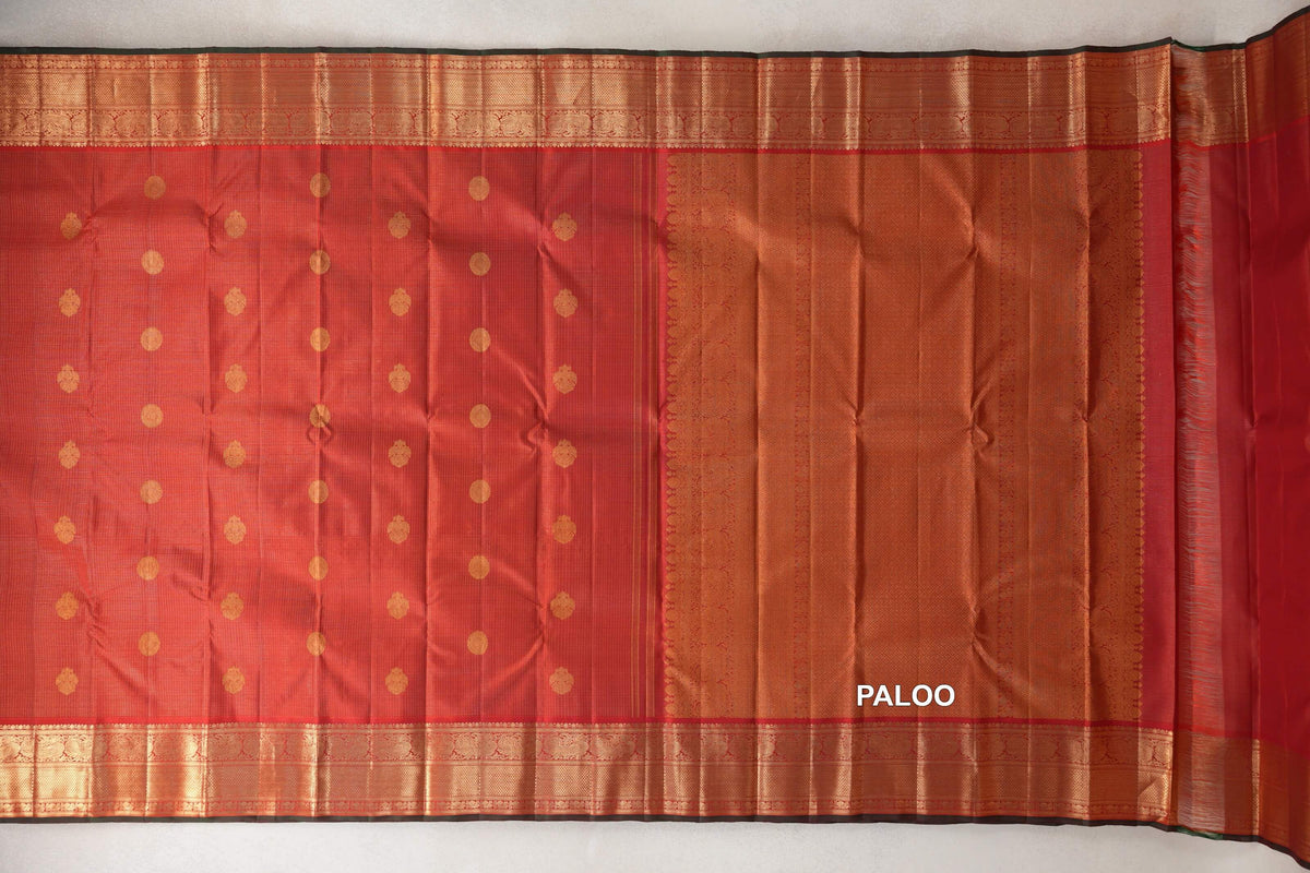 Bright Red Zari Checks Vintage Kanjivaram Silk Saree paloo