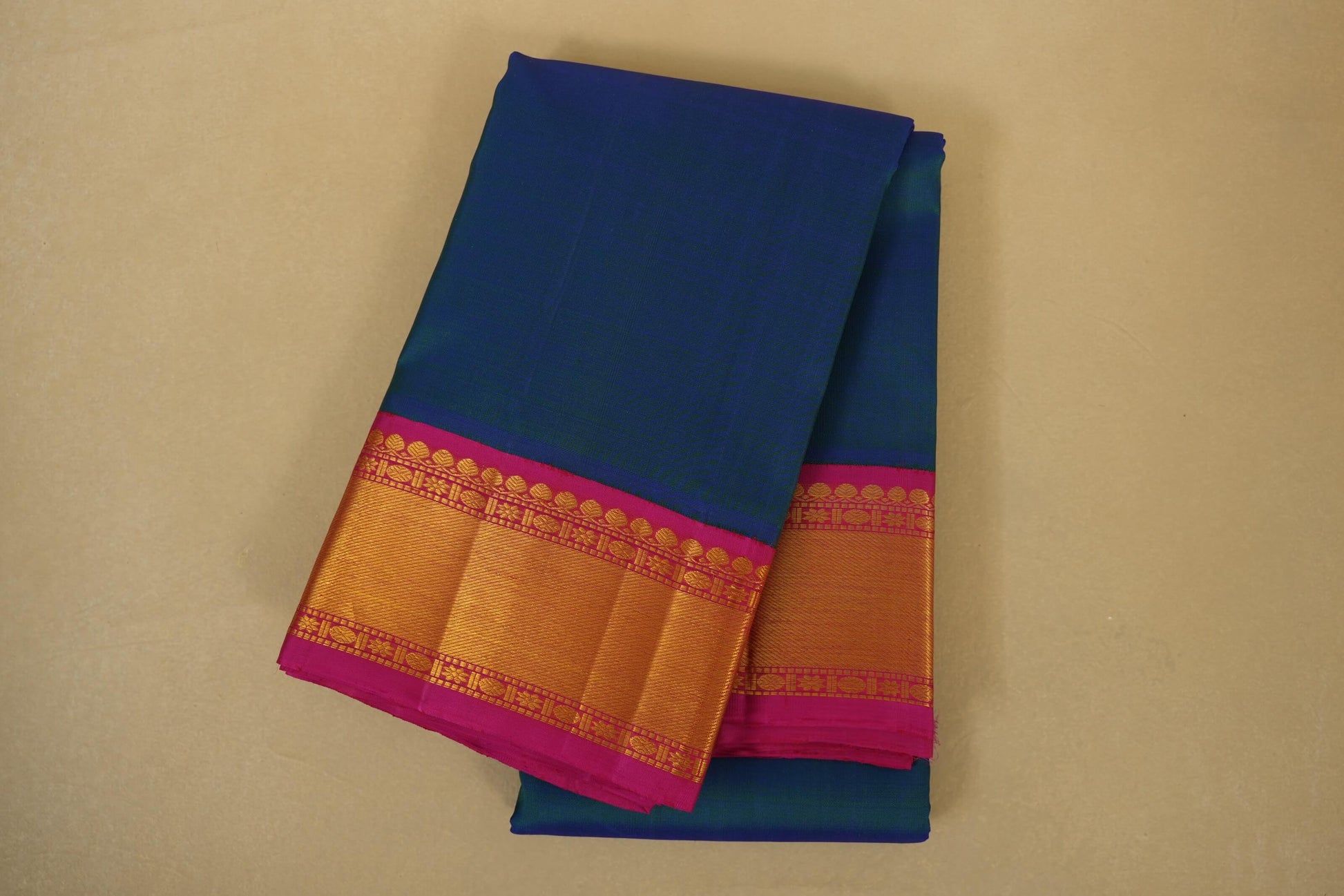Folded Peacock Green with Pink Borders Vintage Kanjivaram Silk Saree 