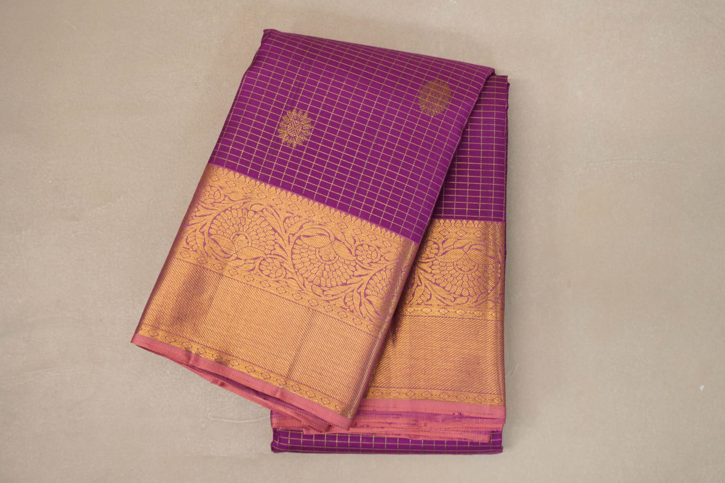 Magenta Purple with Peach Pink Borders Vintage Kanjivaram Silk Saree