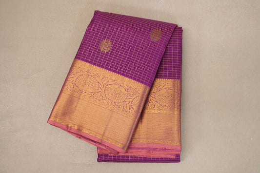 Magenta Purple with Peach Pink Borders Vintage Kanjivaram Silk Saree