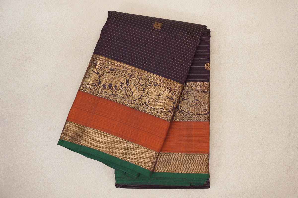 Deep Plum Brown Vaira Oosi with Rettai Pettu Vintage Kanjivaram Silk Saree 