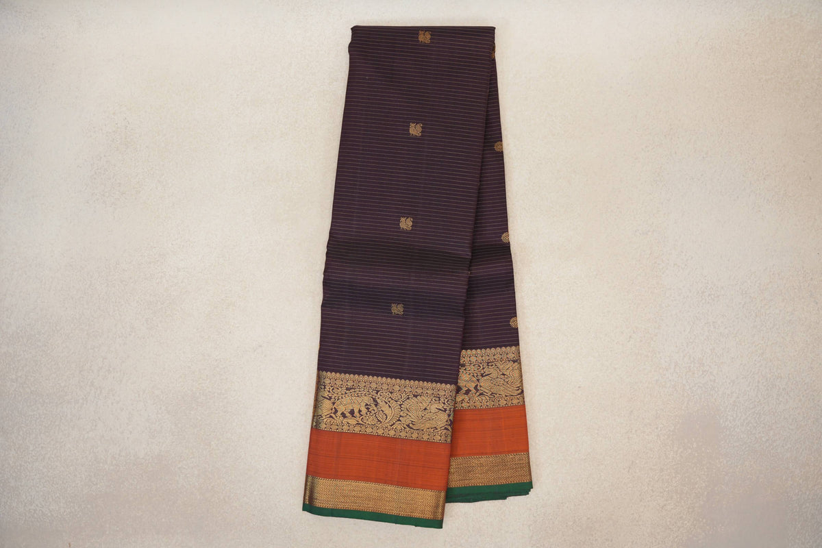 Online Deep Plum Brown Vaira Oosi with Rettai Pettu Vintage Kanjivaram Silk Saree 