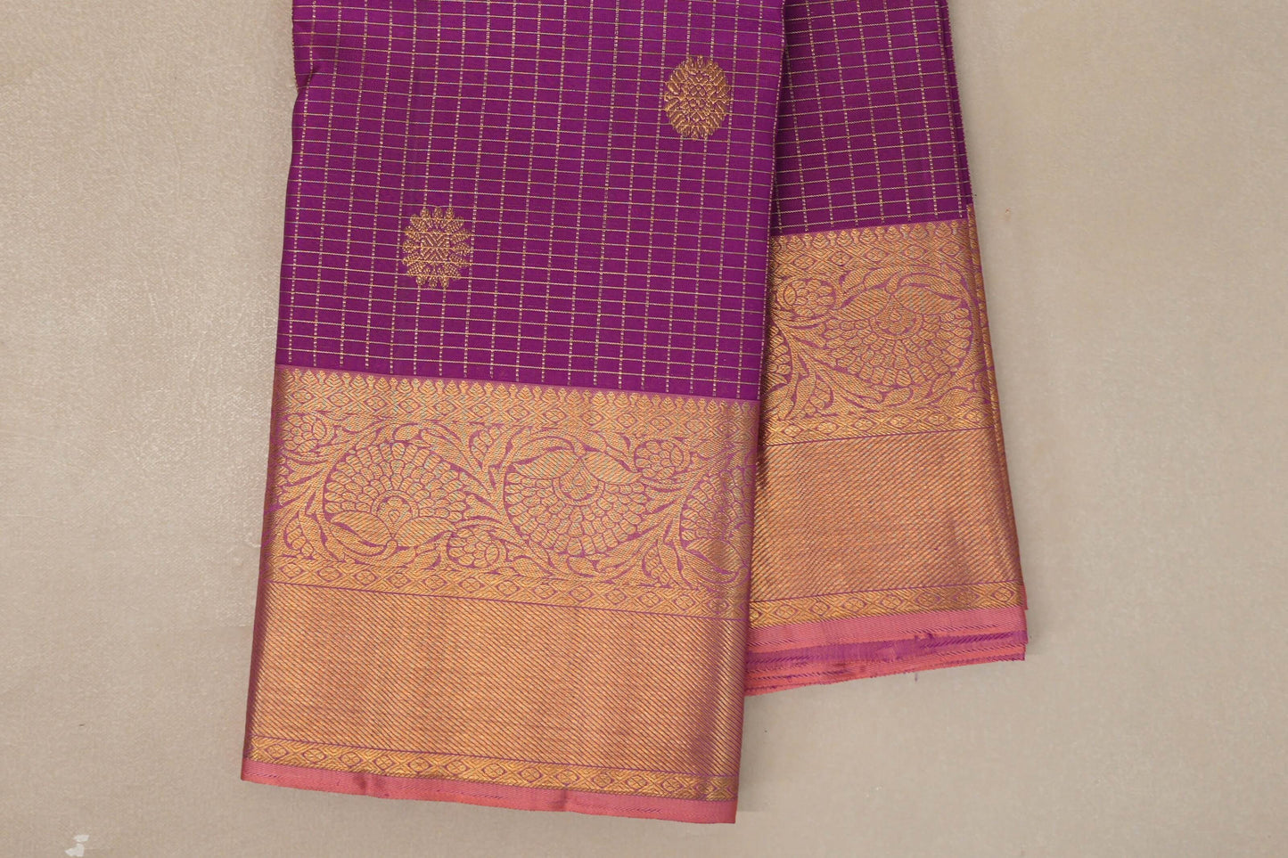 Zari checked Magenta Purple Vintage Kanjivaram Silk Saree borders