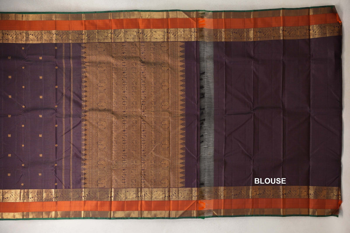 Deep Plum Brown Vaira Oosi with Rettai Pettu Vintage Kanjivaram Silk Saree blouse