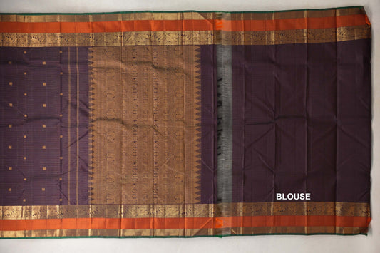 Deep Plum Brown Vaira Oosi with Rettai Pettu Vintage Kanjivaram Silk Saree blouse