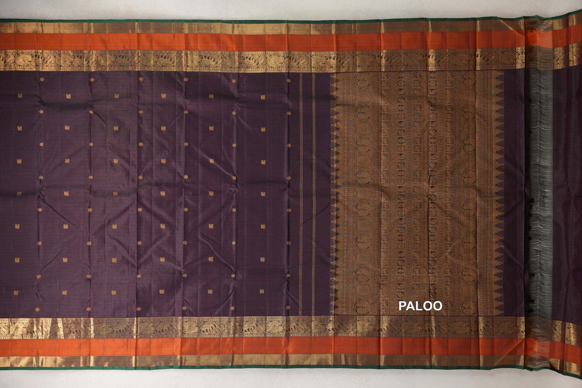Deep Plum Brown Vaira Oosi with Rettai Pettu Vintage Kanjivaram Silk Saree paloo