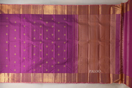 Magenta Purple with Peach Pink Borders Vintage Kanjivaram Silk Saree paloo