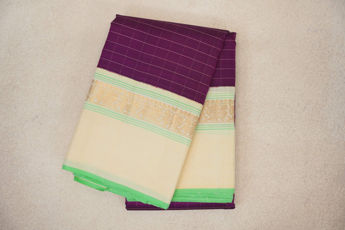 Deep Magenta Purple with Cream with Light Parrot Green Selvedge Borders Vintage Kanjivaram Silk Saree